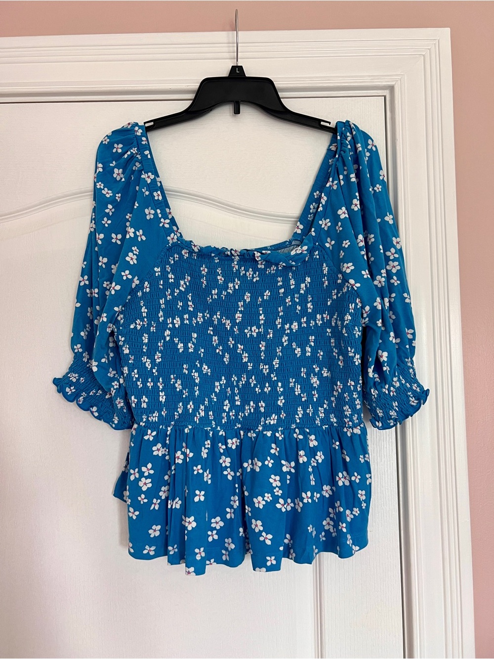 Draper James Blue Floral Smocked Peplum Blouse with Puff Sleeves